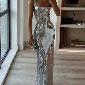 SHEIN Silver Sequin Square Neck Evening Dress